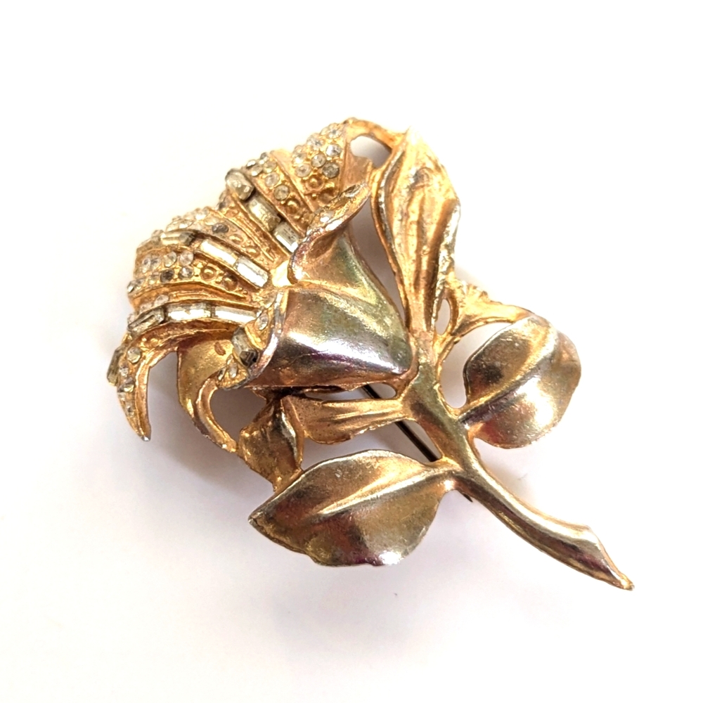 Vintage Estate Gold Tone Baguette Rhinestone Heavy Flower Floral Rose Brooch